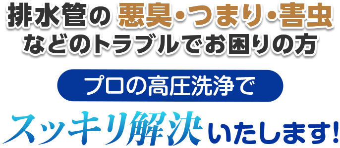 排水管の悪臭・つまり・害虫などのトラブルでお困りの方、プロの高圧洗浄でスッキリ解決いたします！