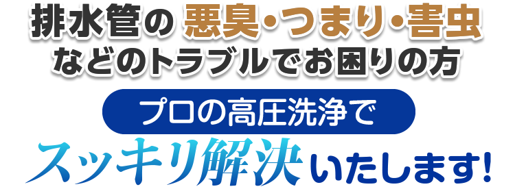 排水管の悪臭・つまり・害虫などのトラブルでお困りの方、プロの高圧洗浄でスッキリ解決いたします！